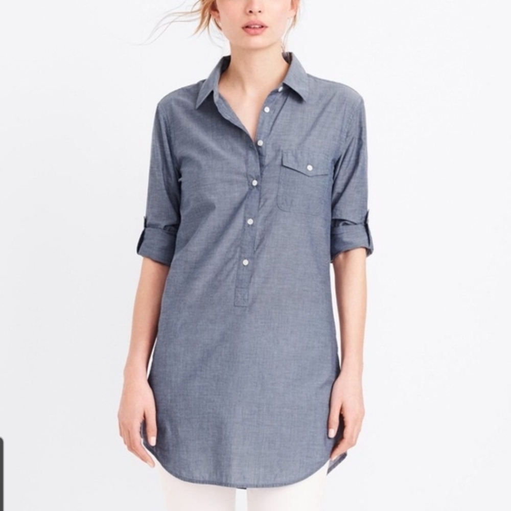 J.Crew Popover Tunic Shirt 3/4 Button Up Denim Blue Roll Up Sleeves Academia